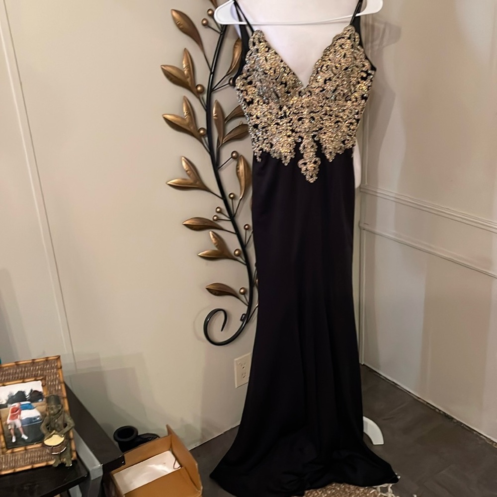 Fashion Nova Black and Gold Gown Size Small  V Neck and V Back